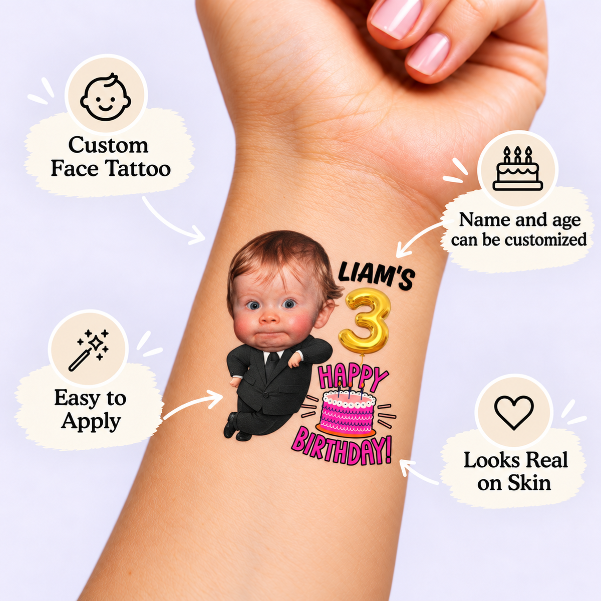 Little Boss Birthday Cake temporary tattoo personalization guide: custom face tattoo; name and age can be customized. Easy to apply.