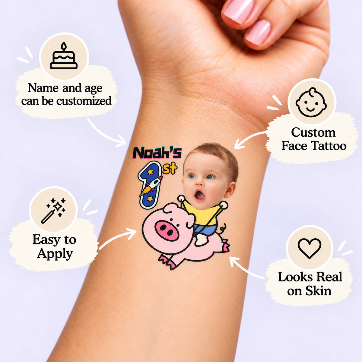 Pink Piggy Rider temporary tattoo personalization guide: custom face tattoo; name and age can be customized. Easy to apply.