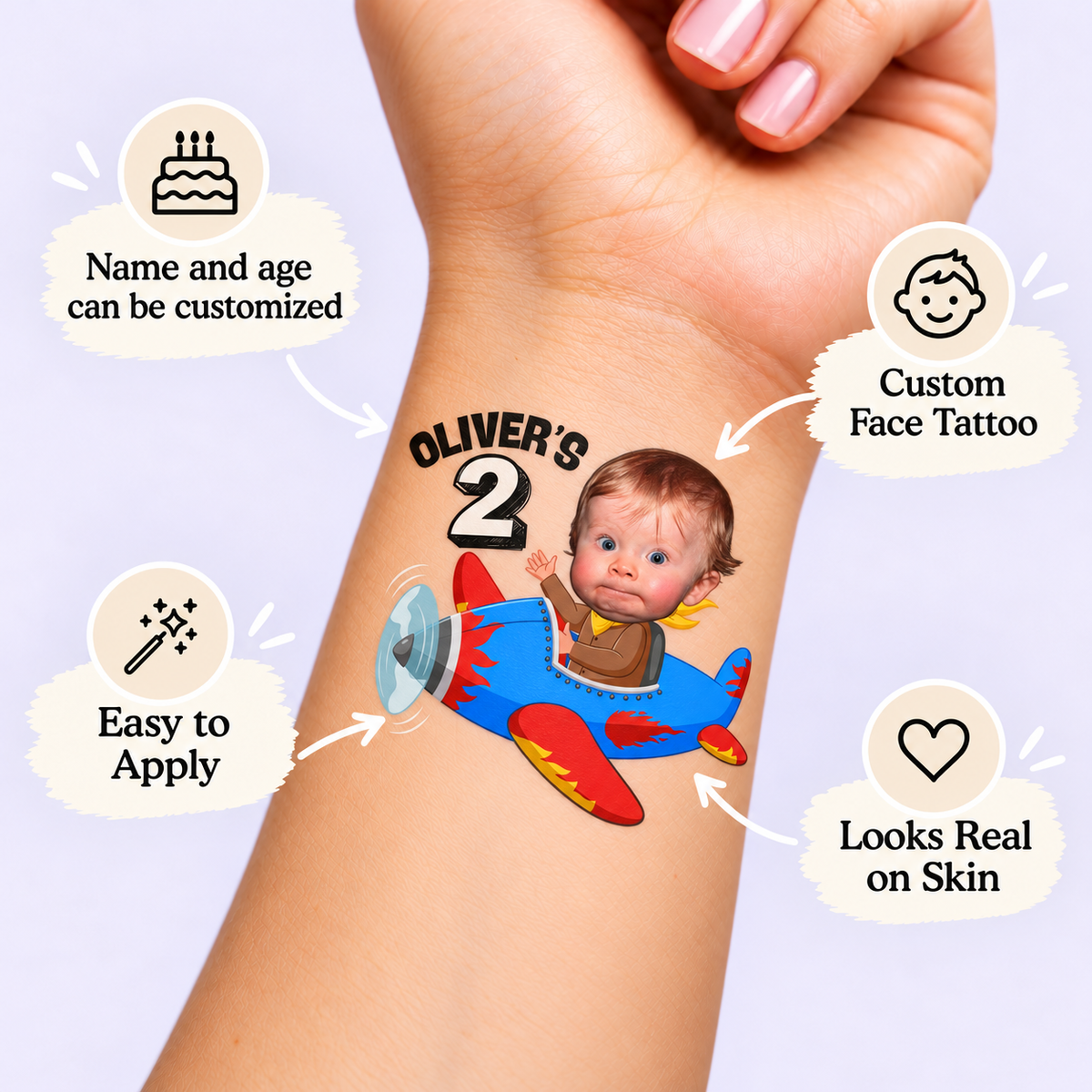 High-Flying Airplane temporary tattoo personalization guide: custom face tattoo; name and age can be customized. Easy to apply.
