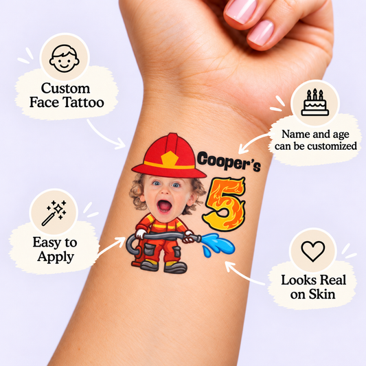Brave Firefighter temporary tattoo personalization guide: custom face tattoo; name and age can be customized. Easy to apply.