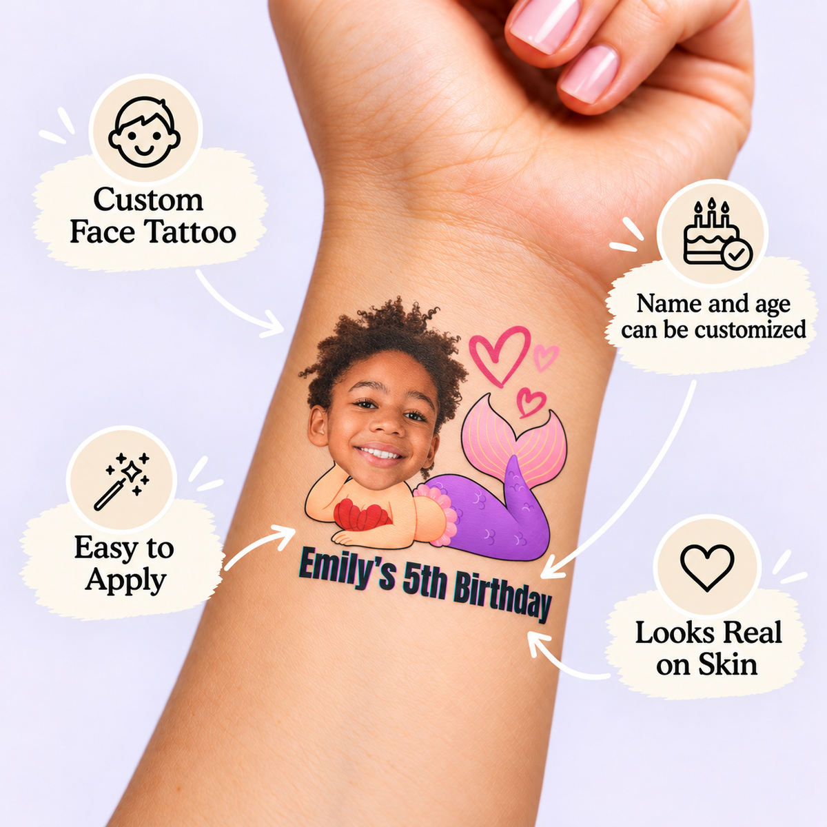 Under the Sea Mermaid temporary tattoo personalization guide: custom face tattoo; name and age can be customized. Easy to apply.