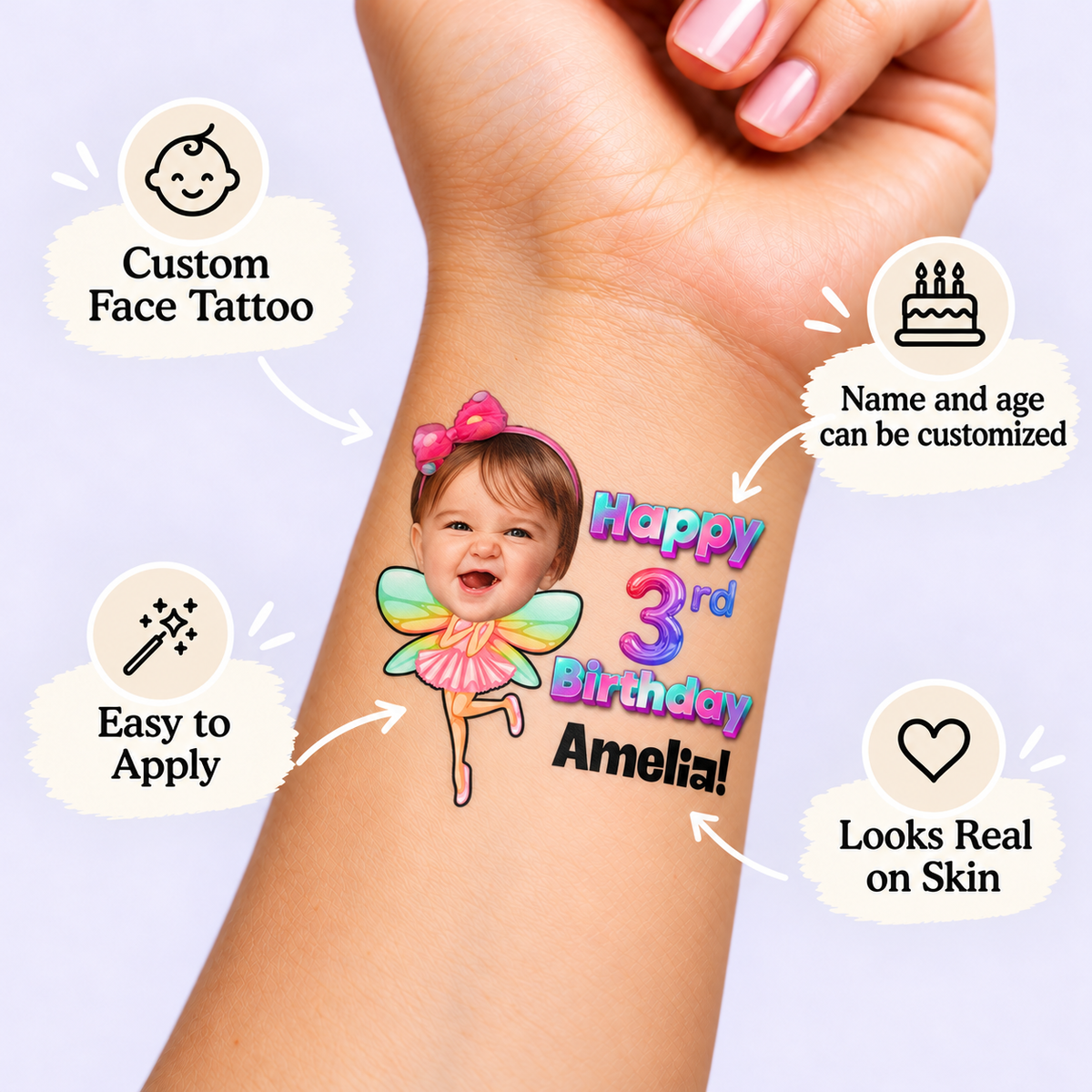 Magic Fairy Birthday temporary tattoo personalization guide: custom face tattoo; name and age can be customized. Easy to apply.