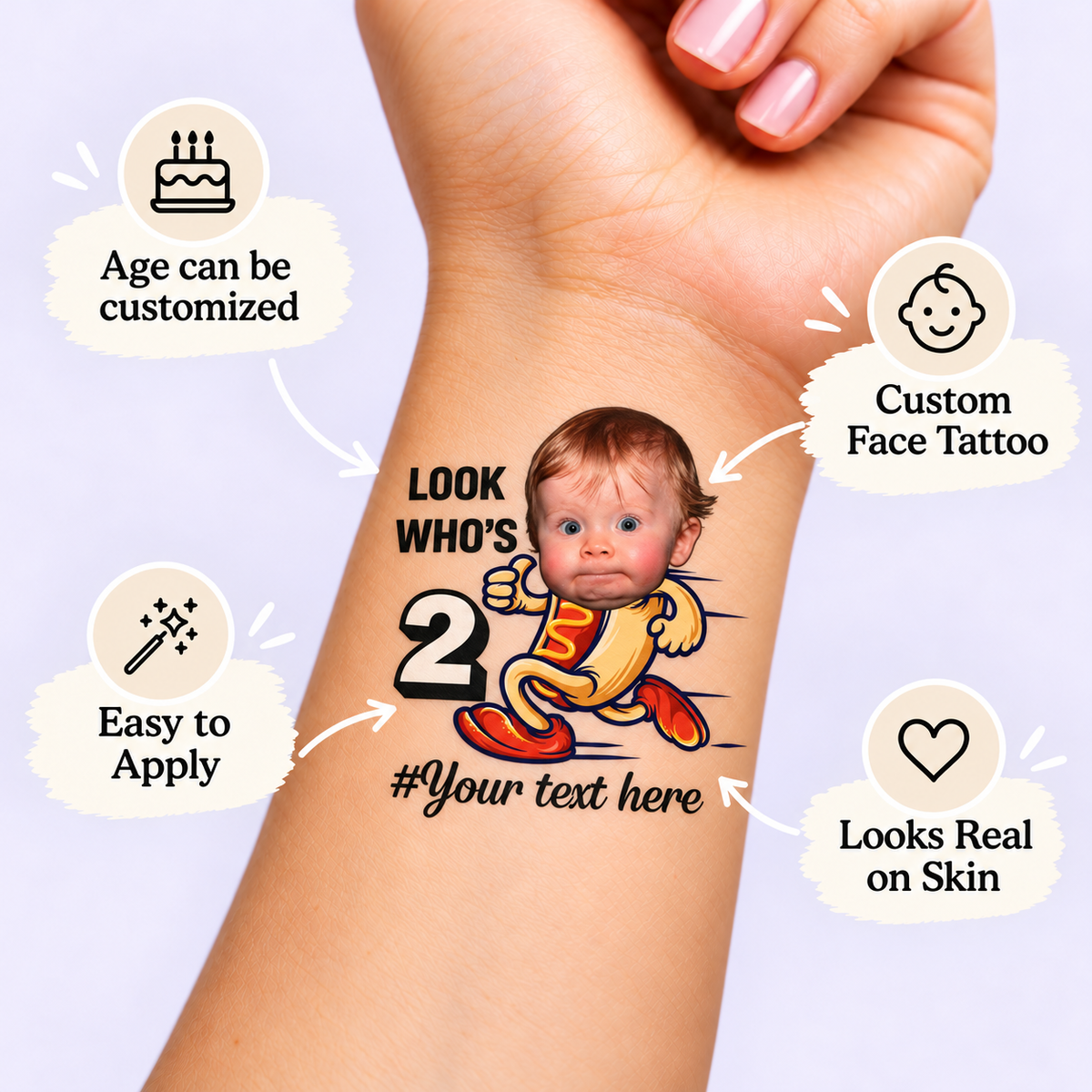 Running Hot Dog temporary tattoo personalization guide: custom face tattoo; age can be customized. Easy to apply.