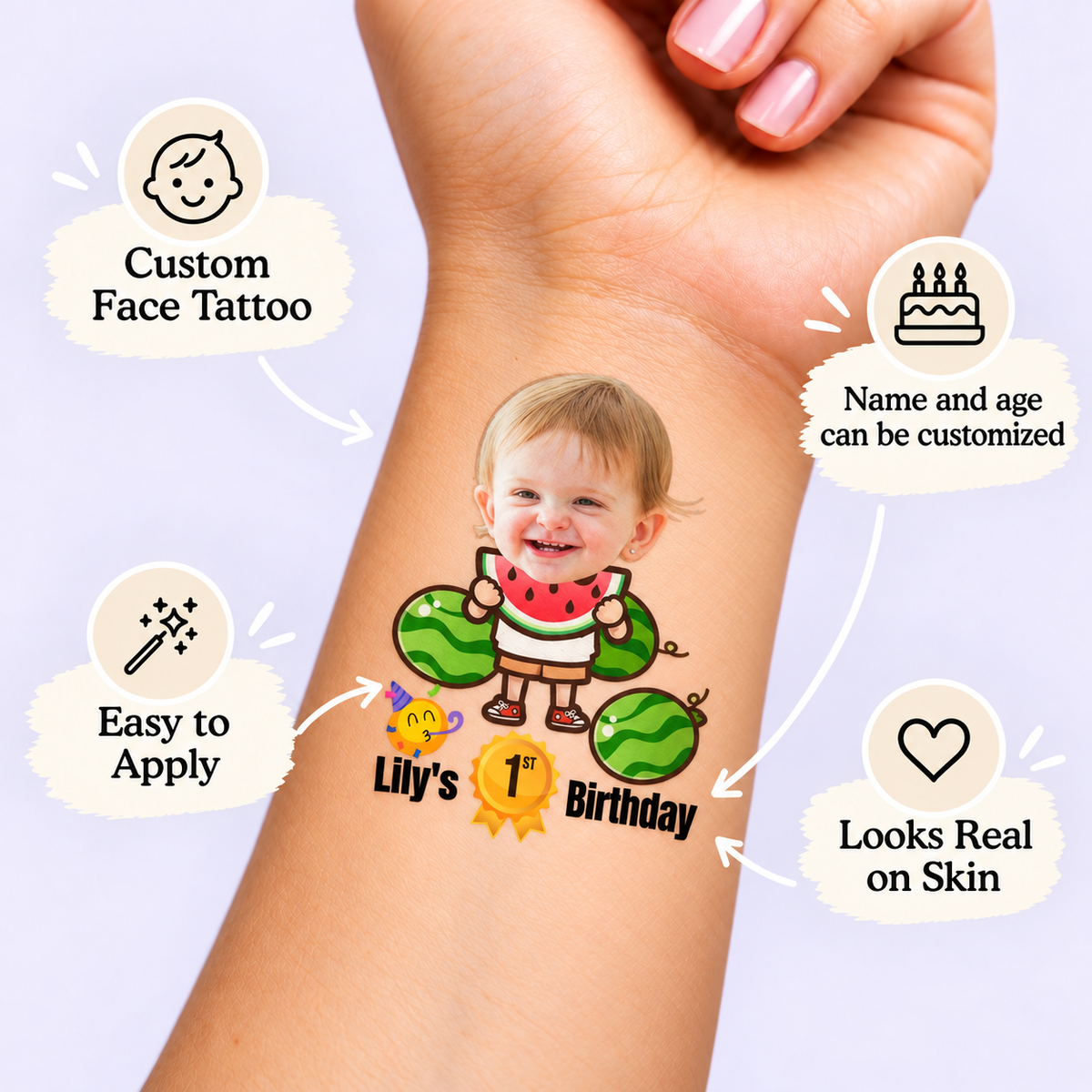 Watermelon Fun Birthday temporary tattoo personalization guide: custom face tattoo; name and age can be customized. Easy to apply.