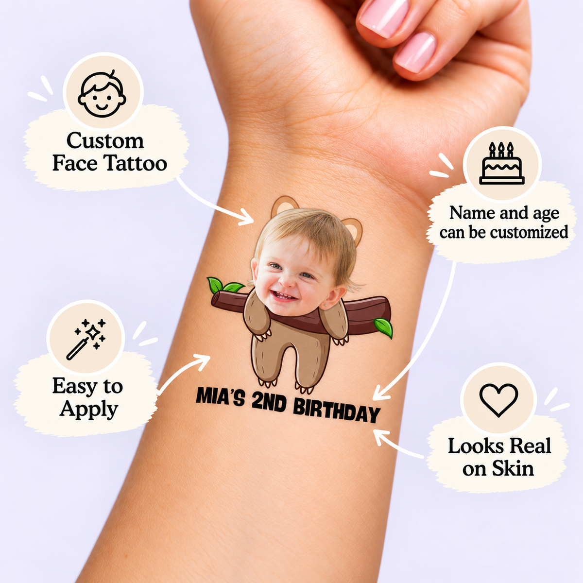 Hanging Sloth Birthday temporary tattoo personalization guide: custom face tattoo; name and age can be customized. Easy to apply.