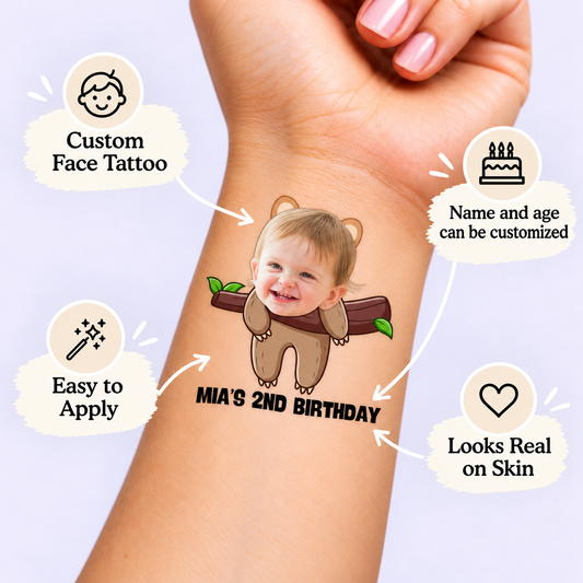 Hanging Sloth Birthday temporary tattoo personalization guide: custom face tattoo; name and age can be customized. Easy to apply.