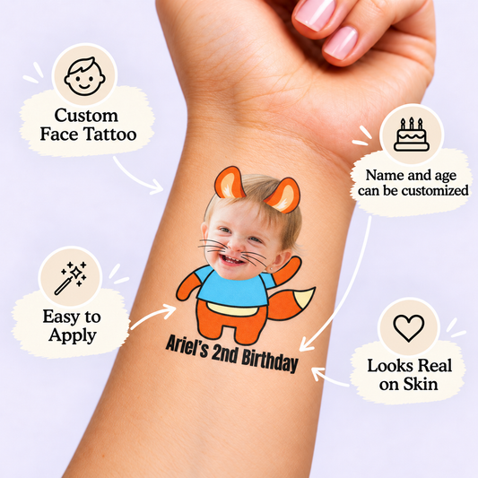Playful Fox Birthday temporary tattoo personalization guide: custom face tattoo; name and age can be customized. Easy to apply.