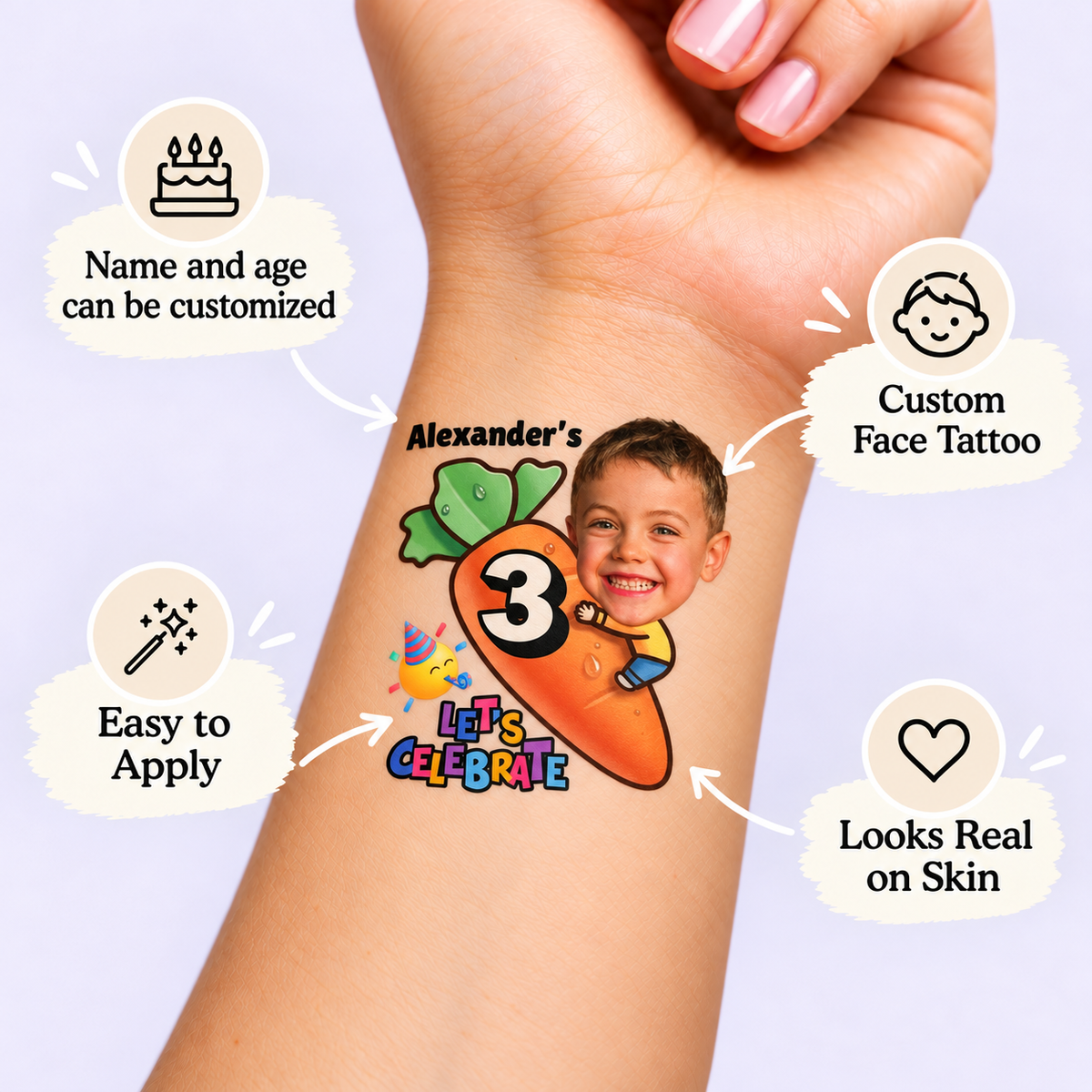 Giant Carrot Celebration temporary tattoo personalization guide: custom face tattoo; name and age can be customized. Easy to apply.