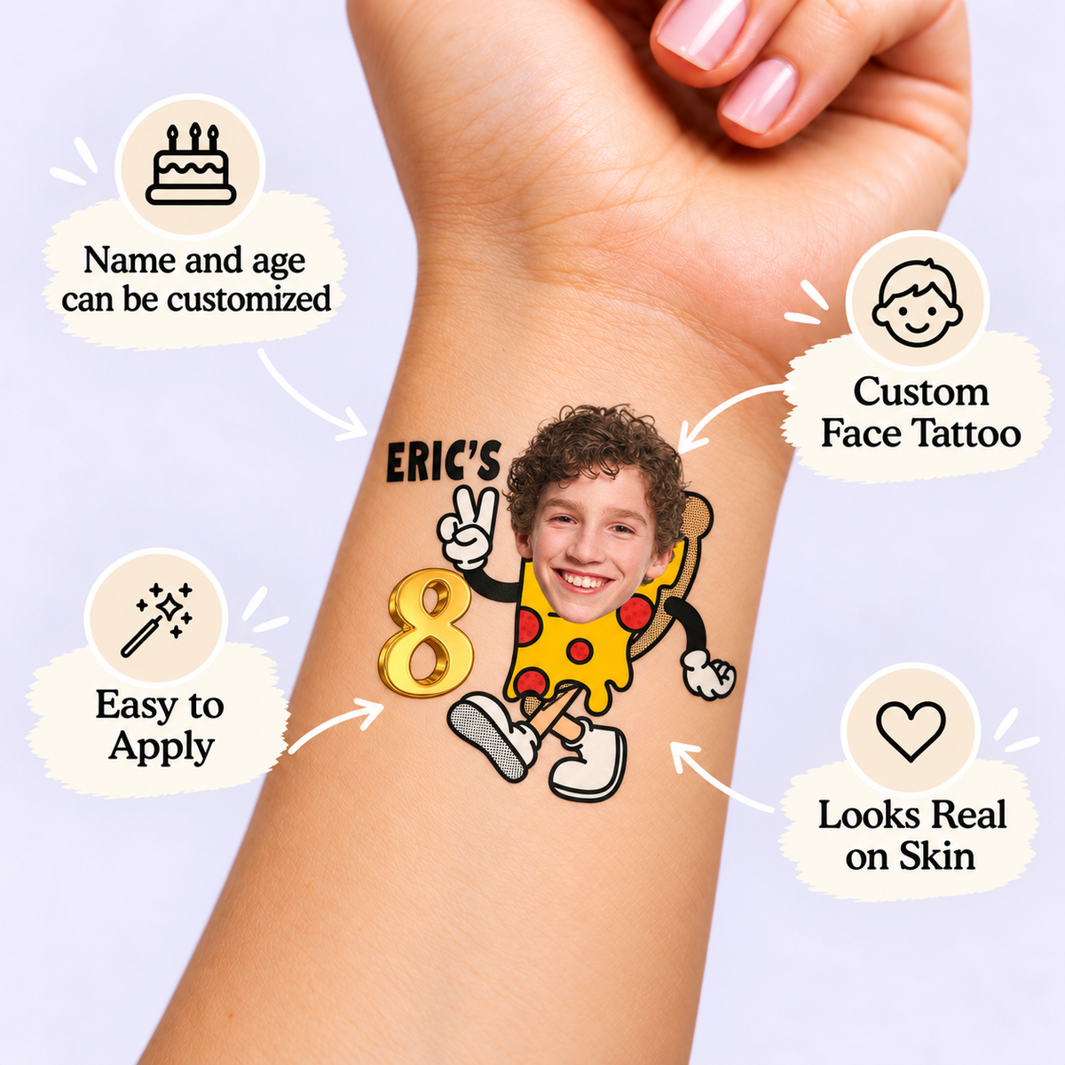 Dancing Pizza Birthday temporary tattoo personalization guide: custom face tattoo; name and age can be customized. Easy to apply.