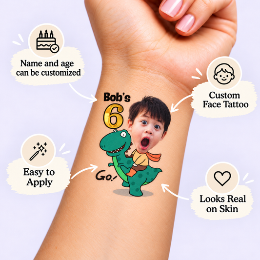 Dinosaur Rider temporary tattoo personalization guide: custom face tattoo; name and age can be customized. Easy to apply.