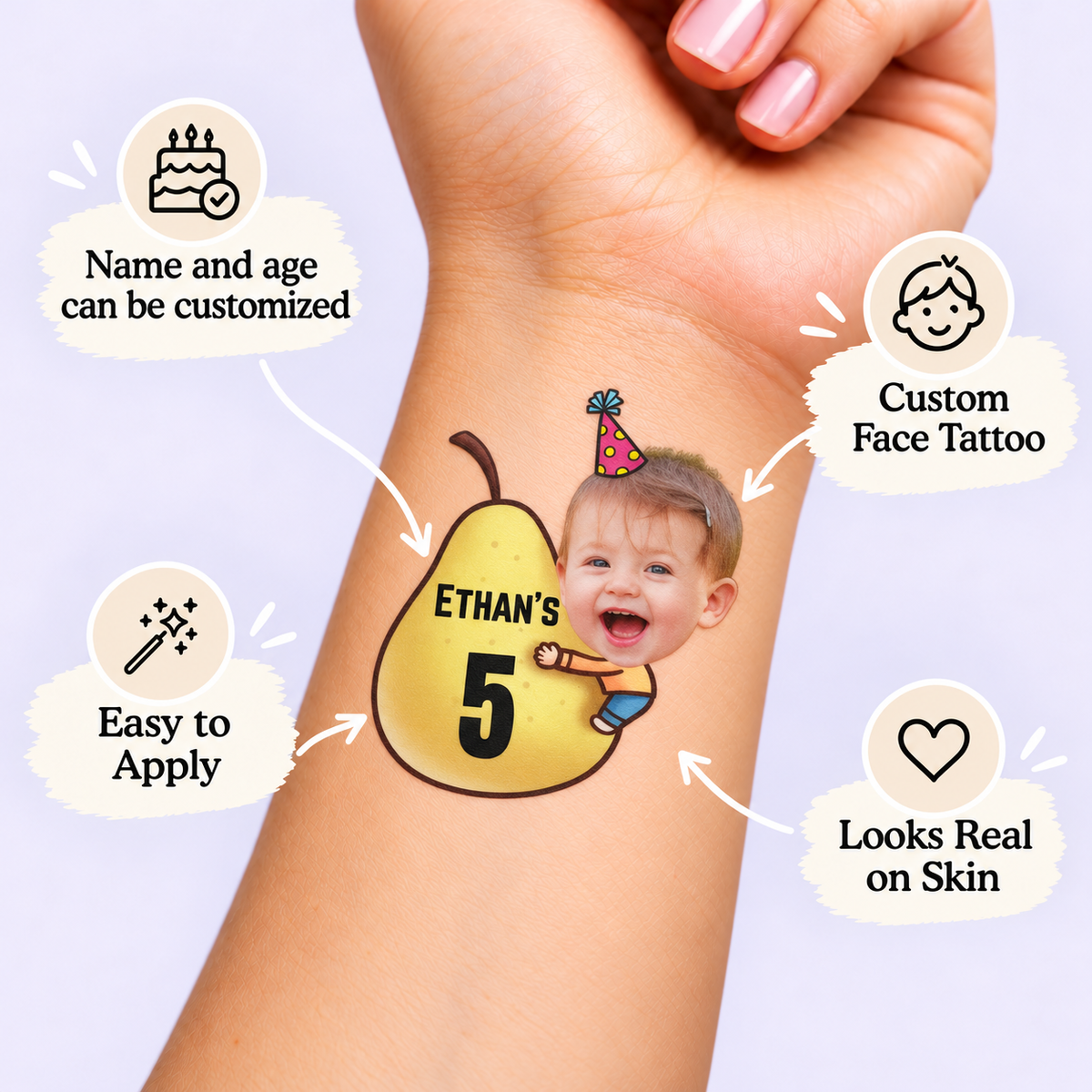 Two-tti Fruity Pear Birthday temporary tattoo personalization guide: custom face tattoo; name and age can be customized. Easy to apply.