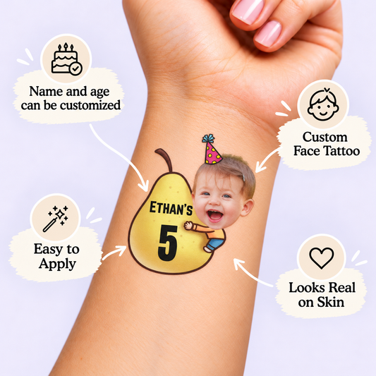 Two-tti Fruity Pear Birthday temporary tattoo personalization guide: custom face tattoo; name and age can be customized. Easy to apply.