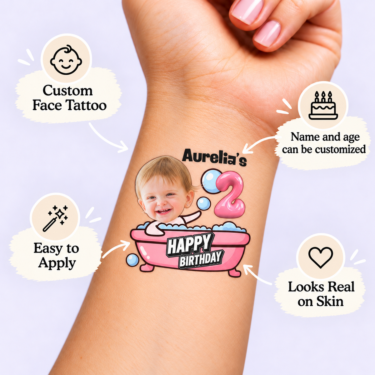 Pink Bathtub Birthday temporary tattoo personalization guide: custom face tattoo; name and age can be customized. Easy to apply.
