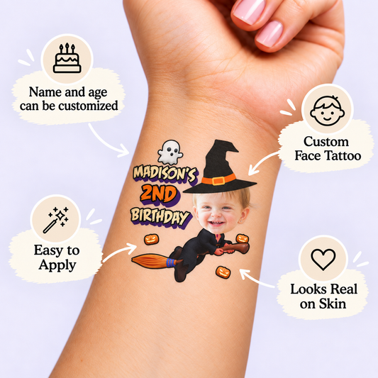 Halloween Witch Birthday temporary tattoo personalization guide: custom face tattoo; name and age can be customized. Easy to apply.