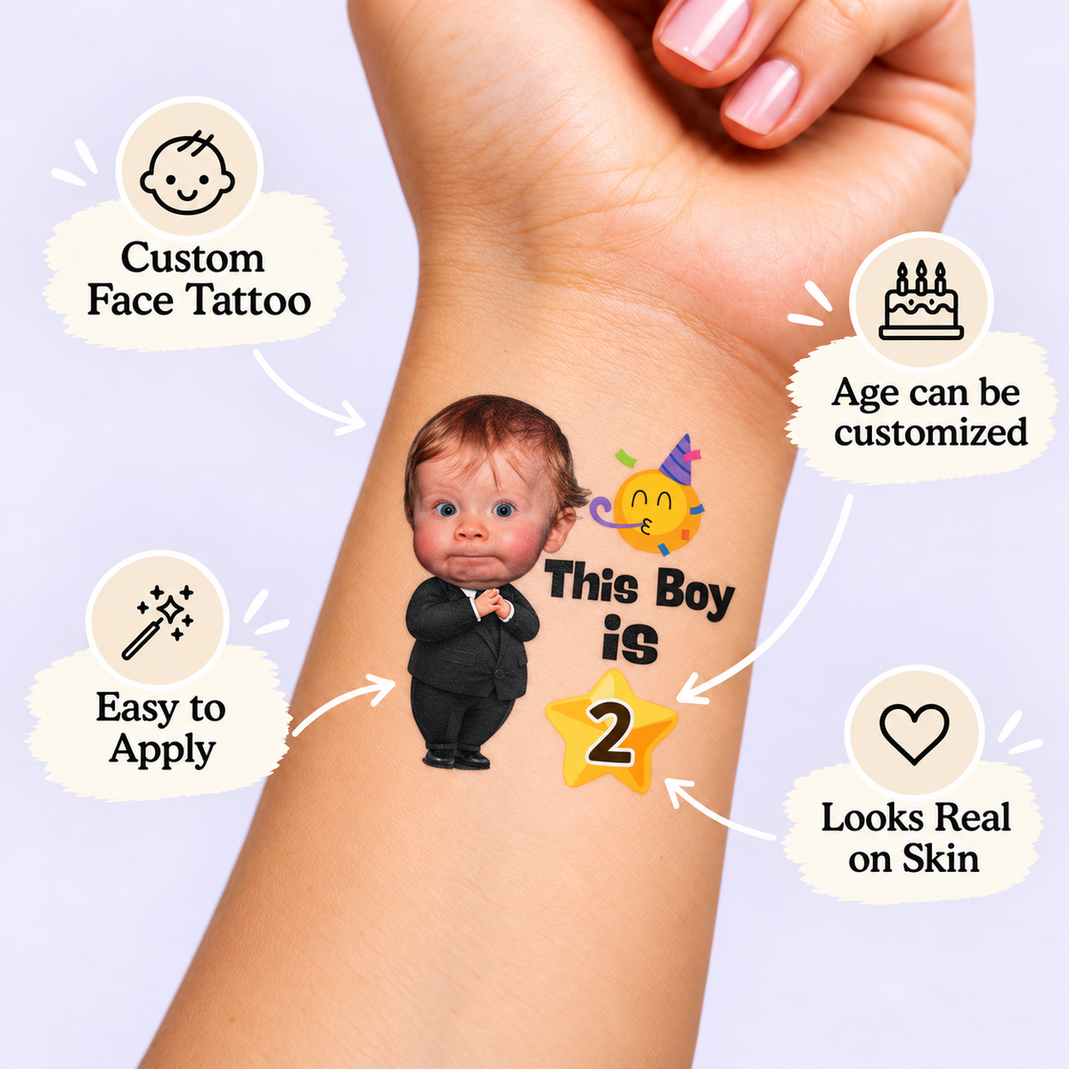 Little Boss Birthday temporary tattoo personalization guide: custom face tattoo; age can be customized. Easy to apply.