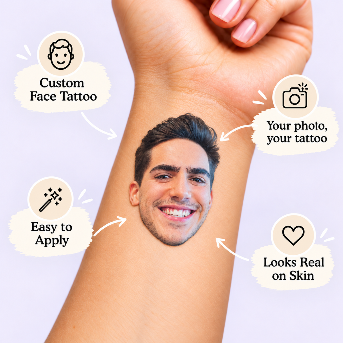 Personalized Photo Cutout temporary tattoo personalization guide: custom face tattoo; your photo, your tattoo. Easy to apply.