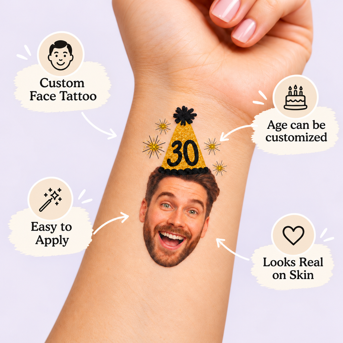 Gold Glitter Party Hat temporary tattoo personalization guide: custom face tattoo; age can be customized. Easy to apply.