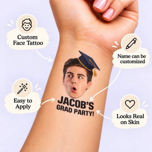 The Grad Party temporary tattoo personalization guide: custom face tattoo; name can be customized. Easy to apply.