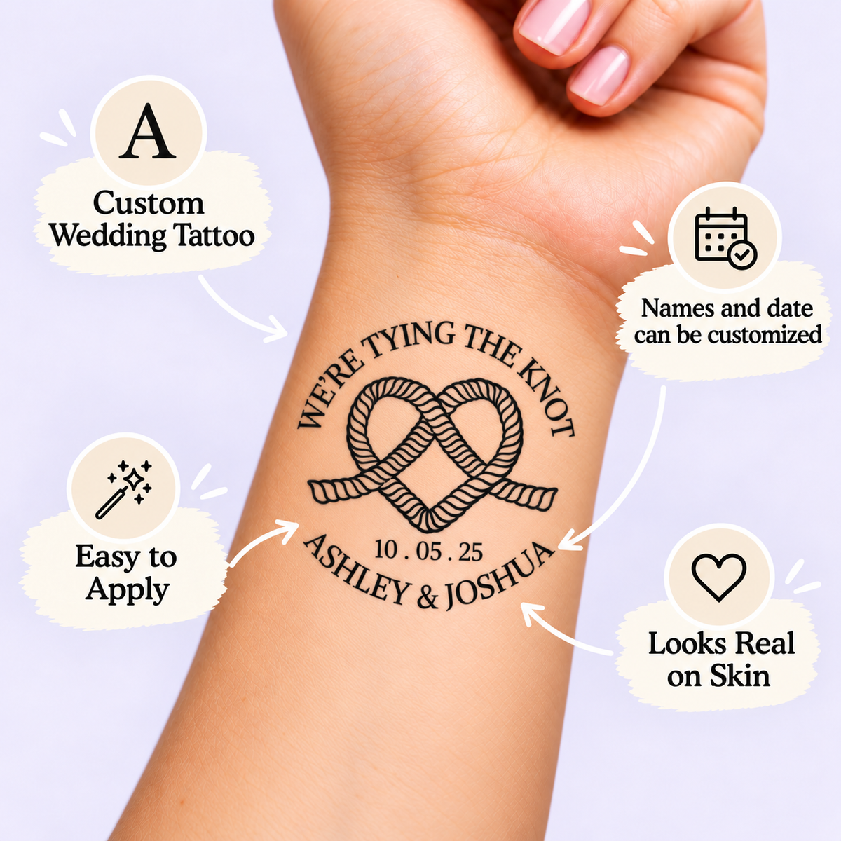 We're Tying the Knot temporary tattoo personalization guide: custom wedding tattoo; names and date can be customized. Easy to apply.
