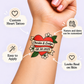 Classic Red Heart & Banner temporary tattoo personalization guide: custom heart tattoo; names and date can be customized. Easy to apply.