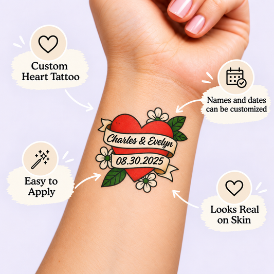 Classic Red Heart & Banner temporary tattoo personalization guide: custom heart tattoo; names and date can be customized. Easy to apply.
