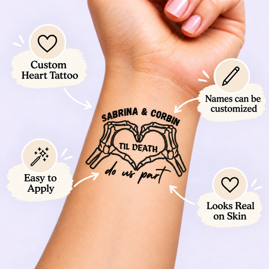 Skeletal Heart Hands temporary tattoo personalization guide: custom heart tattoo; names can be customized. Easy to apply.