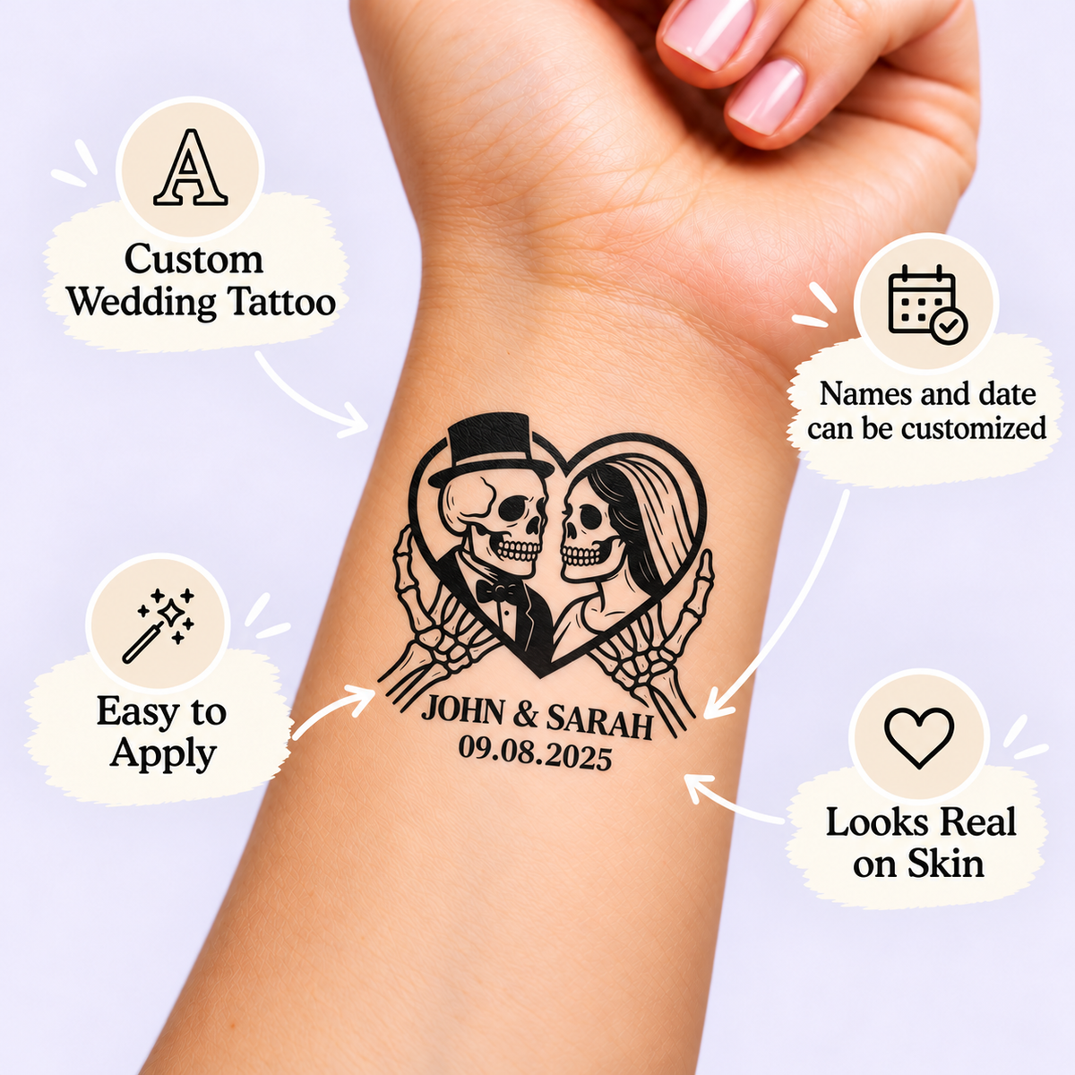 Til Death Do Us Part temporary tattoo personalization guide: custom wedding tattoo; names and date can be customized. Easy to apply.