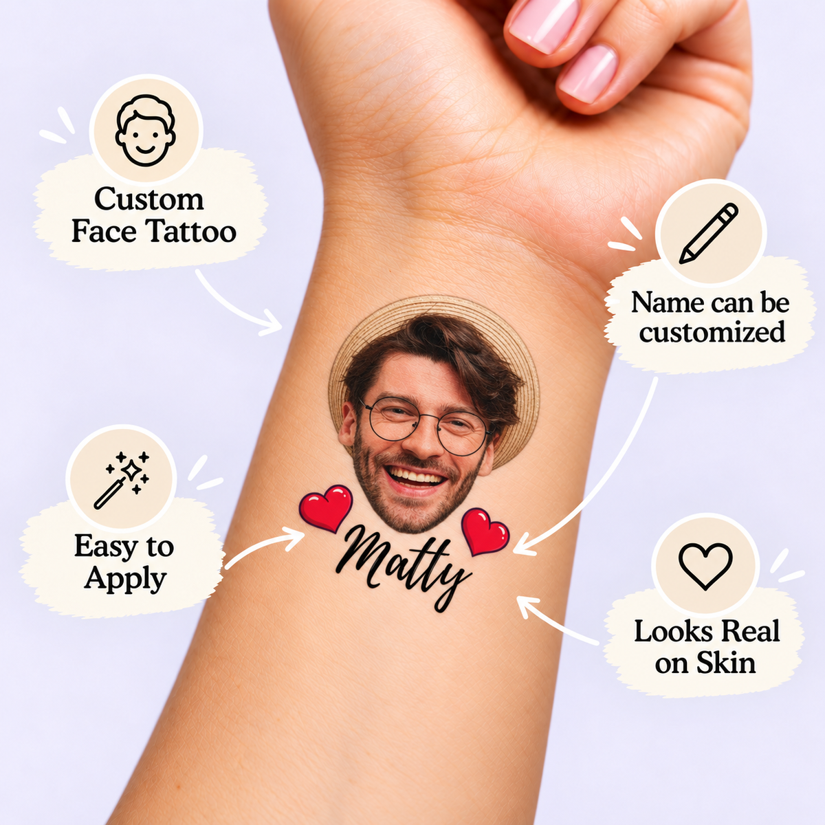 Groom Photo & Name temporary tattoo personalization guide: custom face tattoo; name can be customized. Easy to apply.
