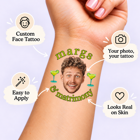 Margs & Matrimony temporary tattoo personalization guide: custom face tattoo; your photo, your tattoo. Easy to apply.