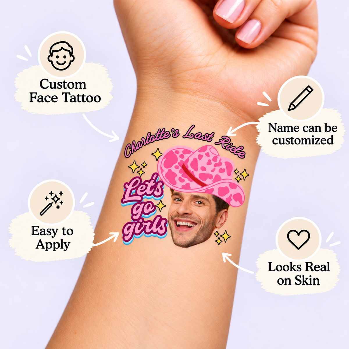 Let's Go Girls temporary tattoo personalization guide: custom face tattoo; name can be customized. Easy to apply.