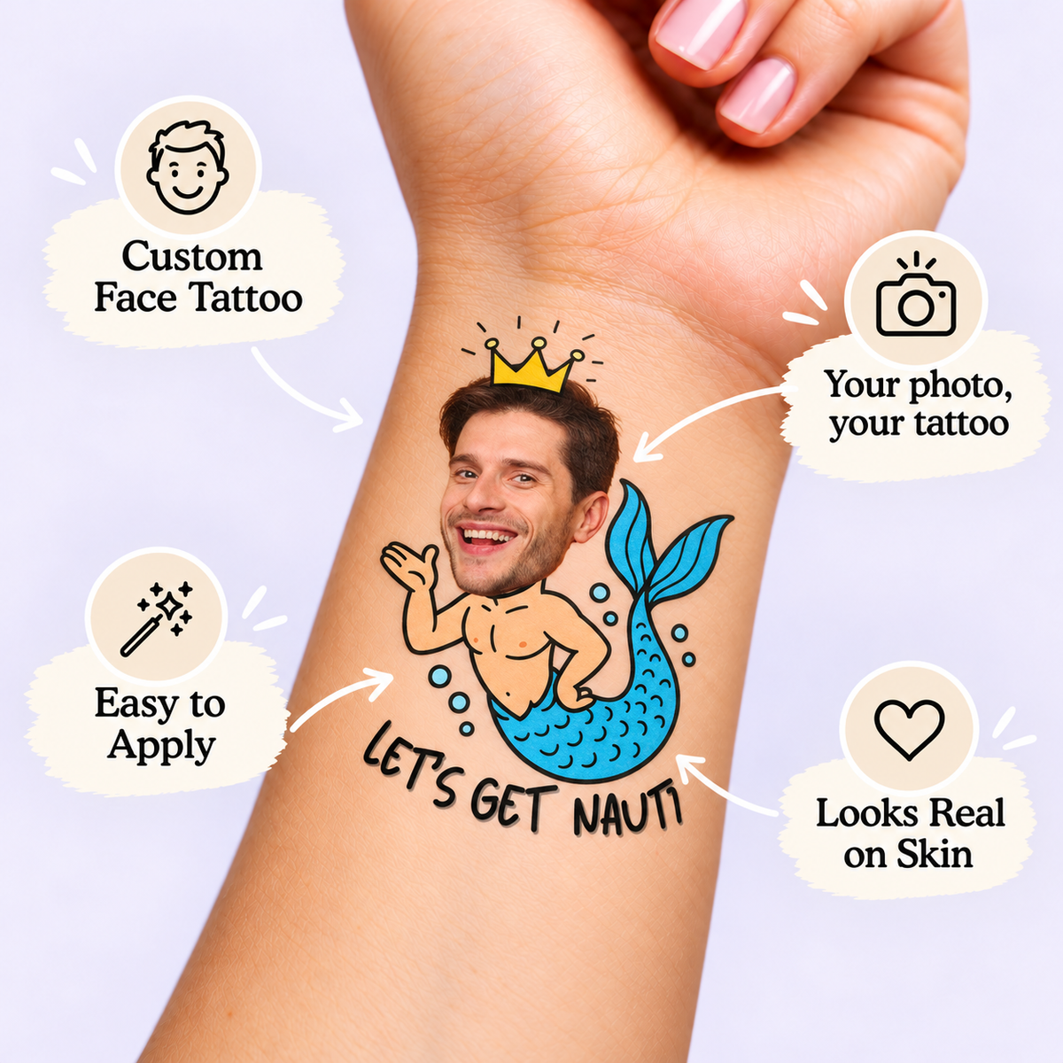Let's Get Nauti King Merman temporary tattoo personalization guide: custom face tattoo; your photo, your tattoo. Easy to apply.