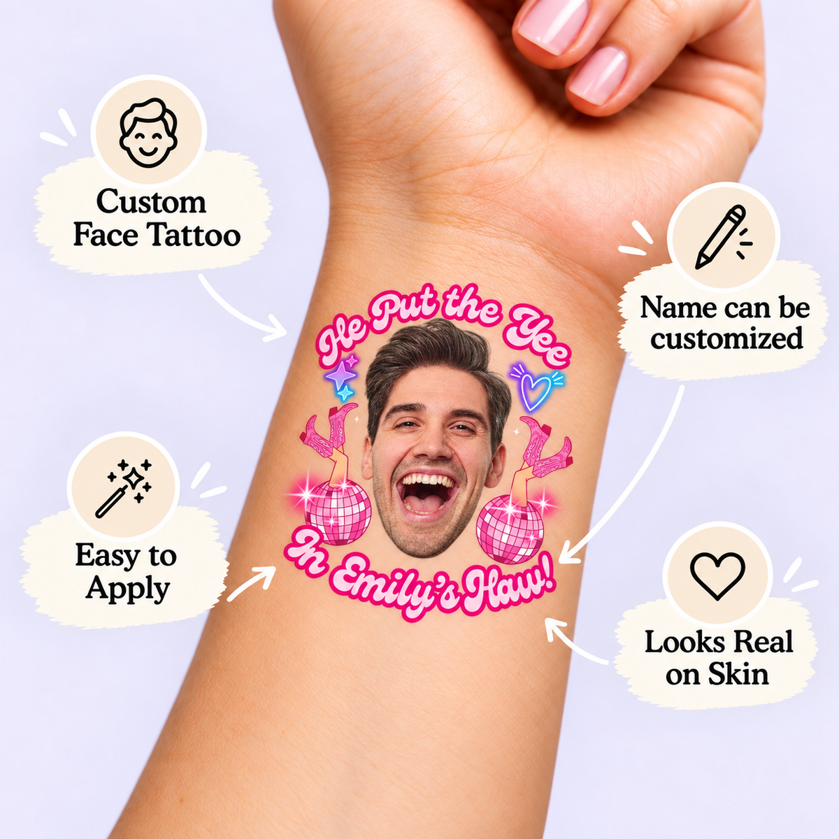 He Put The Yee In Haw temporary tattoo personalization guide: custom face tattoo; name can be customized. Easy to apply.