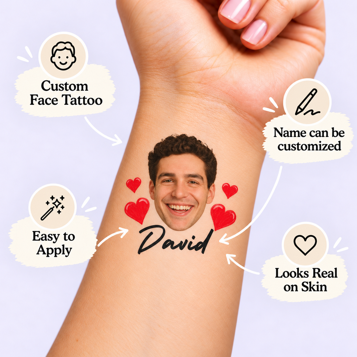 Red Hearts Bachelorette temporary tattoo personalization guide: custom face tattoo; name can be customized. Easy to apply.