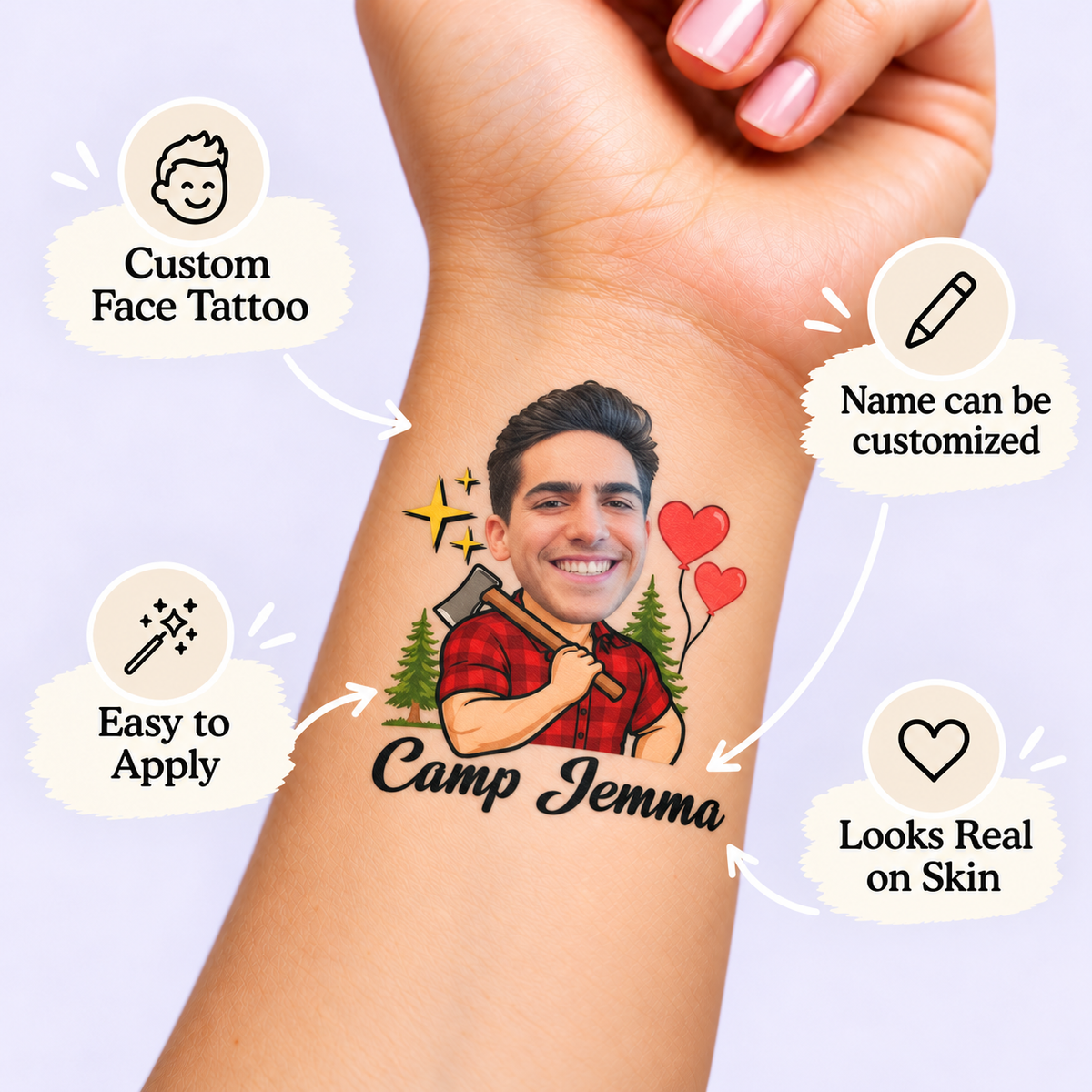 Camp Adventure temporary tattoo personalization guide: custom face tattoo; name can be customized. Easy to apply.
