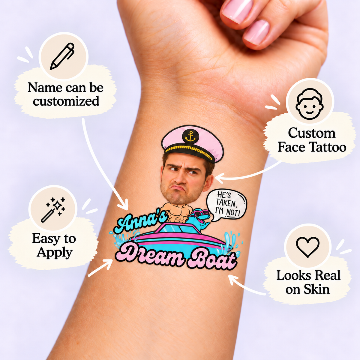 Dream Boat Yacht temporary tattoo personalization guide: custom face tattoo; name can be customized. Easy to apply.
