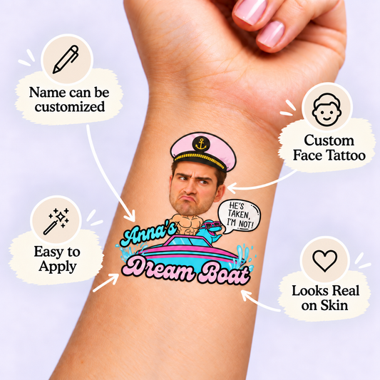 Dream Boat Yacht temporary tattoo personalization guide: custom face tattoo; name can be customized. Easy to apply.