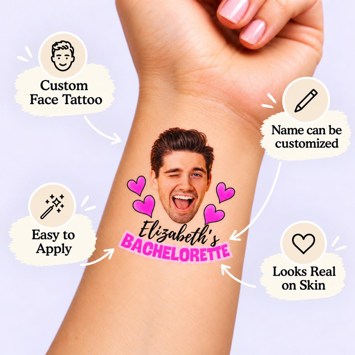 Pink Bach temporary tattoo personalization guide: custom face tattoo; name can be customized. Easy to apply.