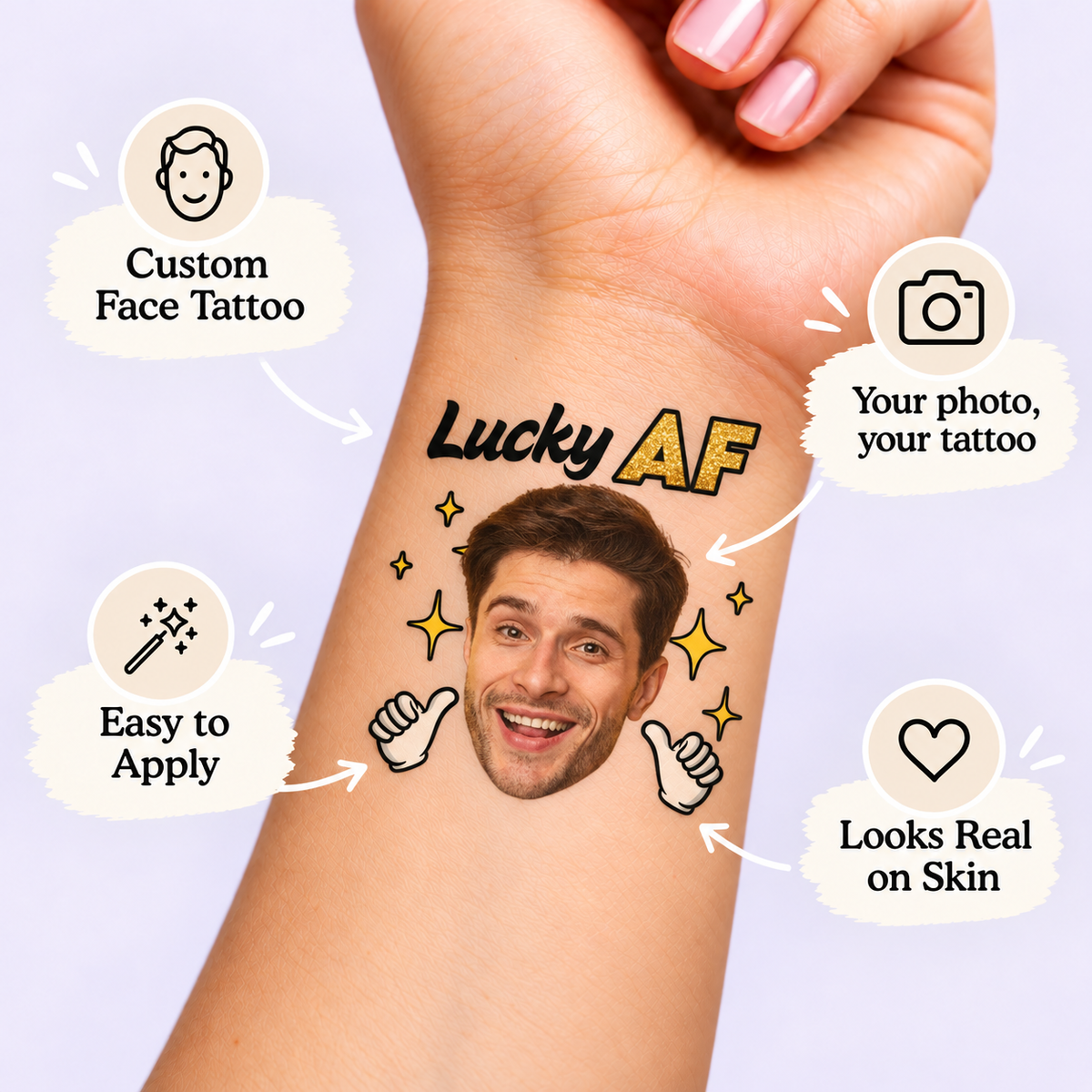Lucky AF temporary tattoo personalization guide: custom face tattoo; your photo, your tattoo. Easy to apply.