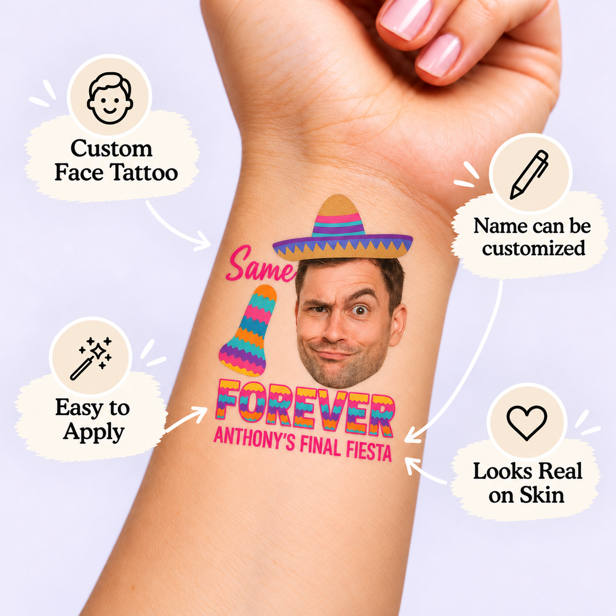 Final Fiesta temporary tattoo personalization guide: custom face tattoo; name can be customized. Easy to apply.