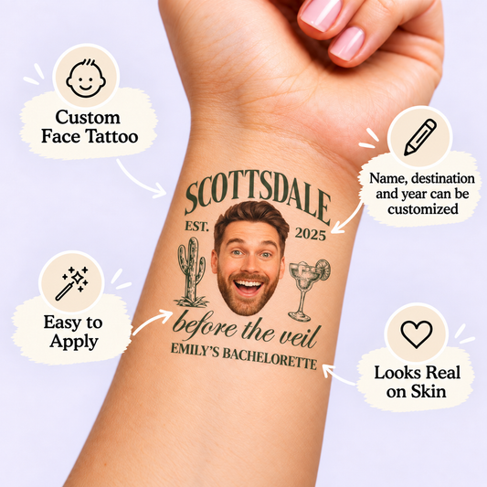 Before the Veil temporary tattoo personalization guide: custom face tattoo; name, destination and year can be customized. Easy to apply.
