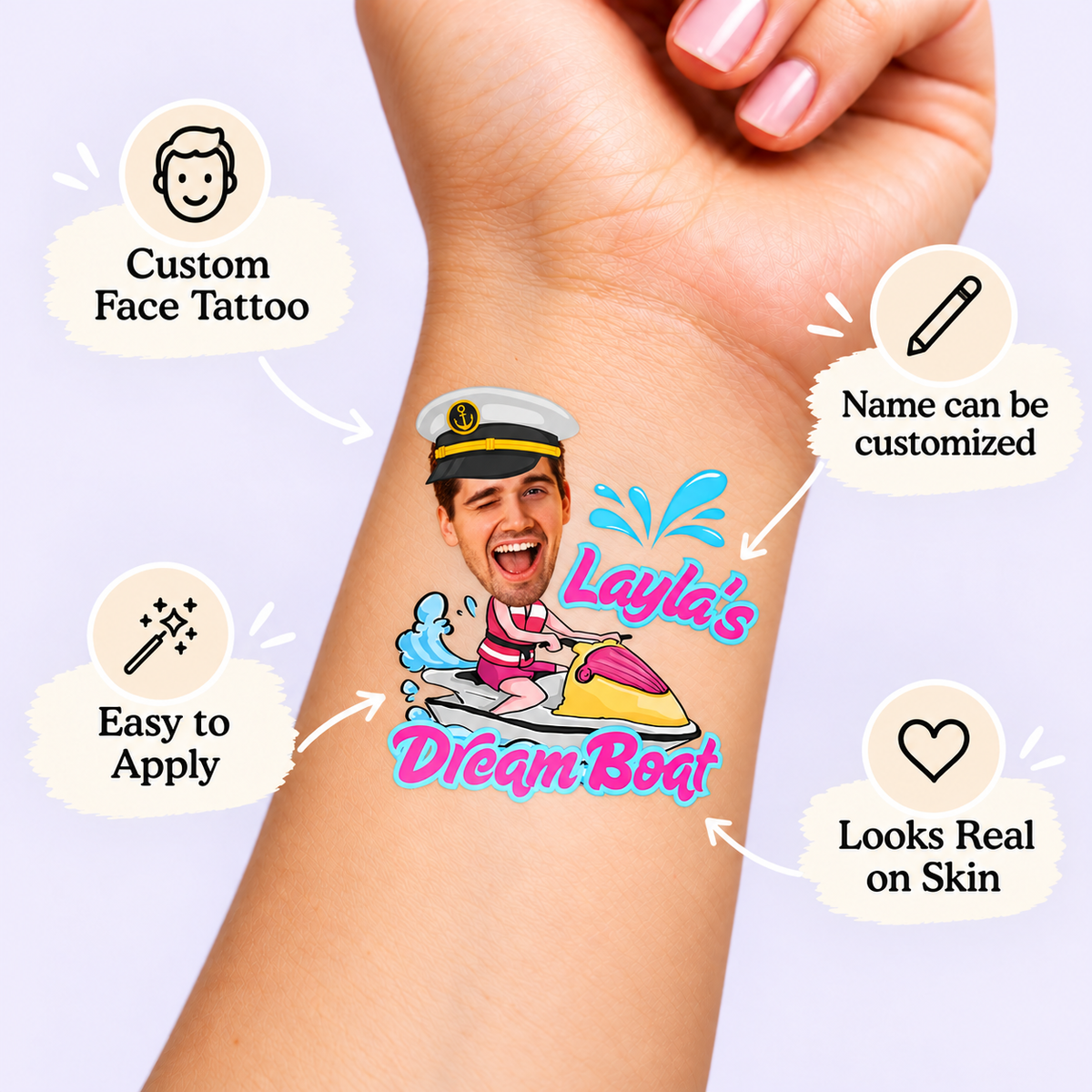 Dream Boat temporary tattoo personalization guide: custom face tattoo; name can be customized. Easy to apply.