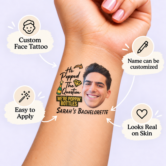 Pop The Bubbly Champagne temporary tattoo personalization guide: custom face tattoo; name can be customized. Easy to apply.