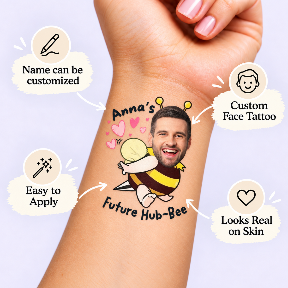 Future Hub-Bee temporary tattoo personalization guide: custom face tattoo; name can be customized. Easy to apply.