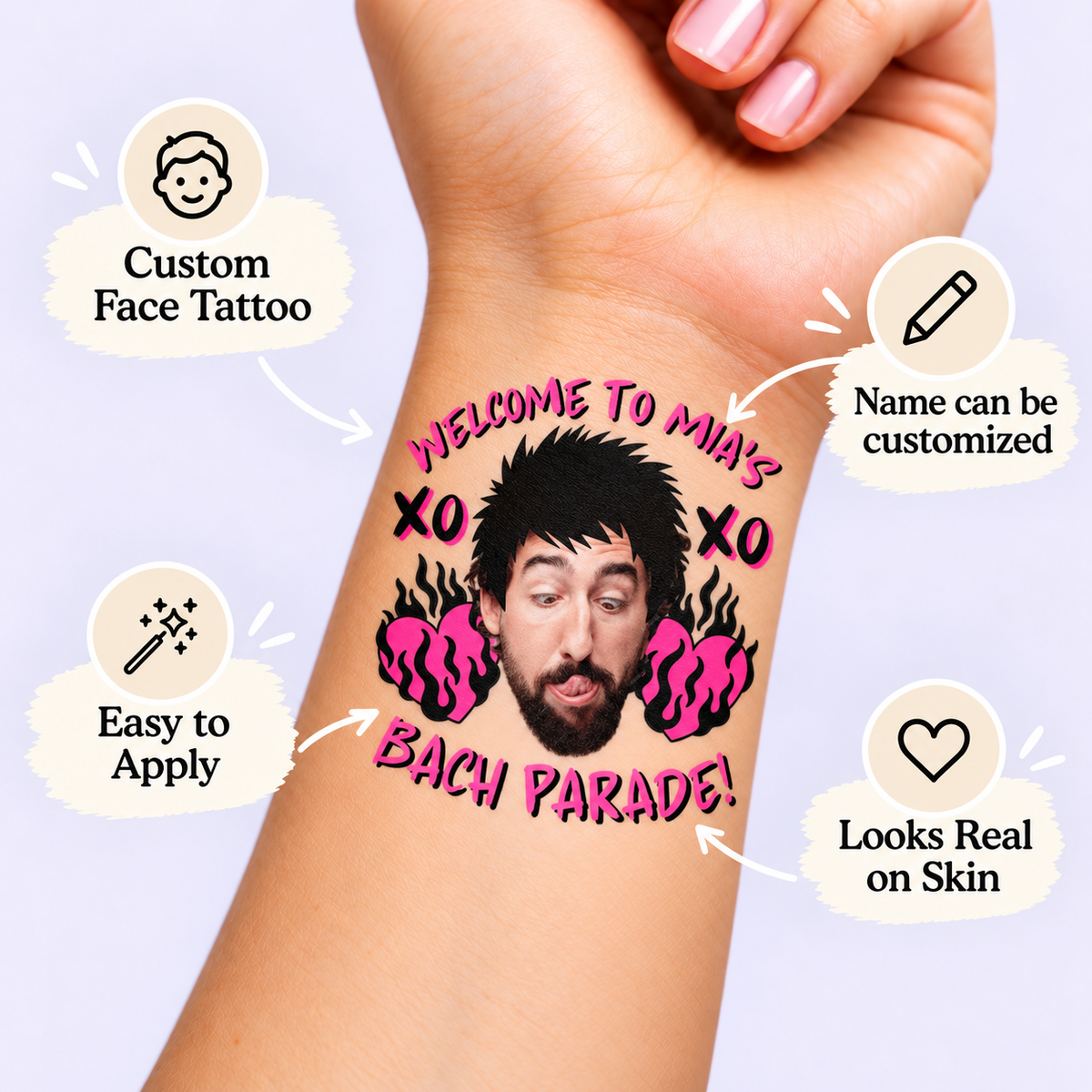 Bach Parade Rock temporary tattoo personalization guide: custom face tattoo; name can be customized. Easy to apply.