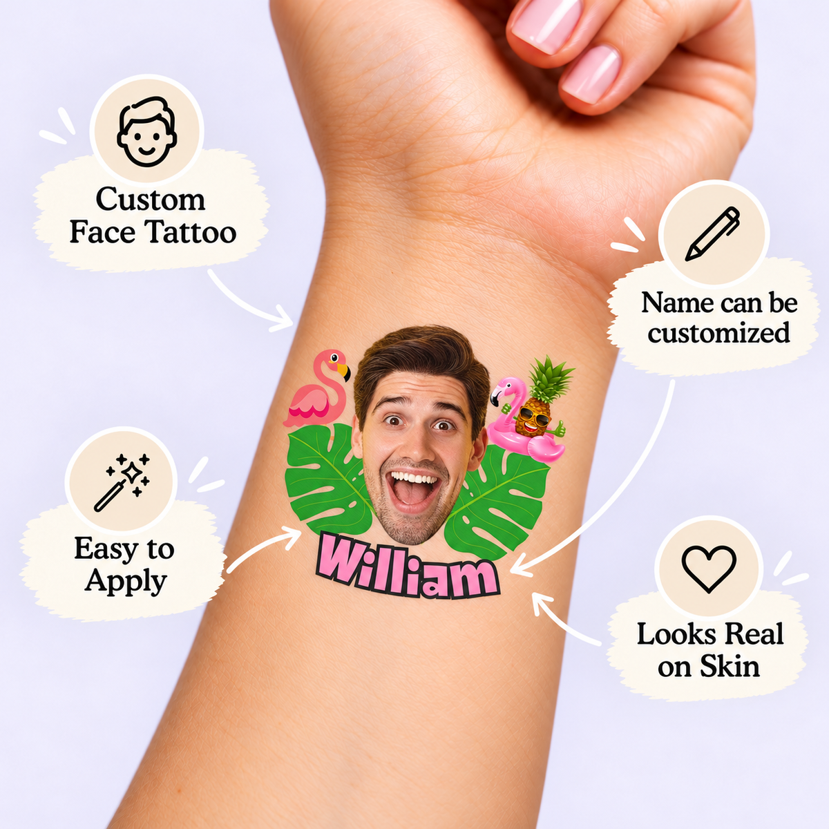 Tropical Flamingo temporary tattoo personalization guide: custom face tattoo; name can be customized. Easy to apply.