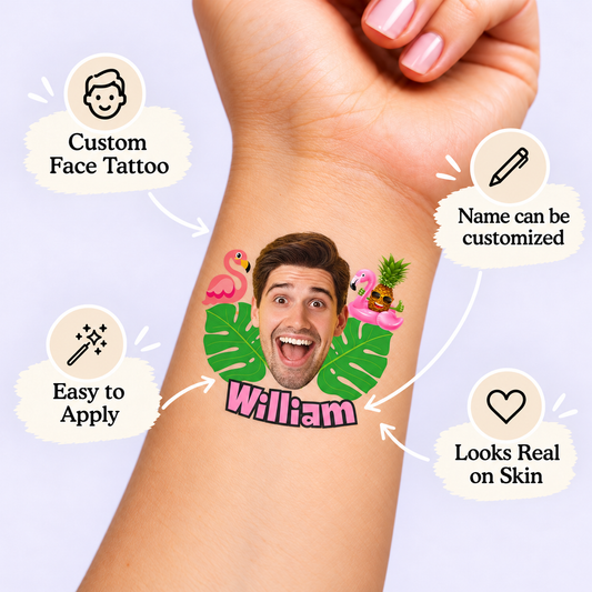 Tropical Flamingo temporary tattoo personalization guide: custom face tattoo; name can be customized. Easy to apply.
