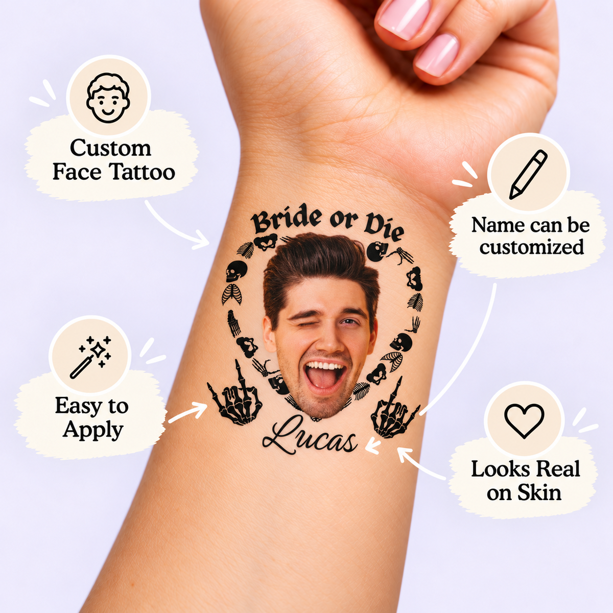 Bride or Die Rock temporary tattoo personalization guide: custom face tattoo; name can be customized. Easy to apply.