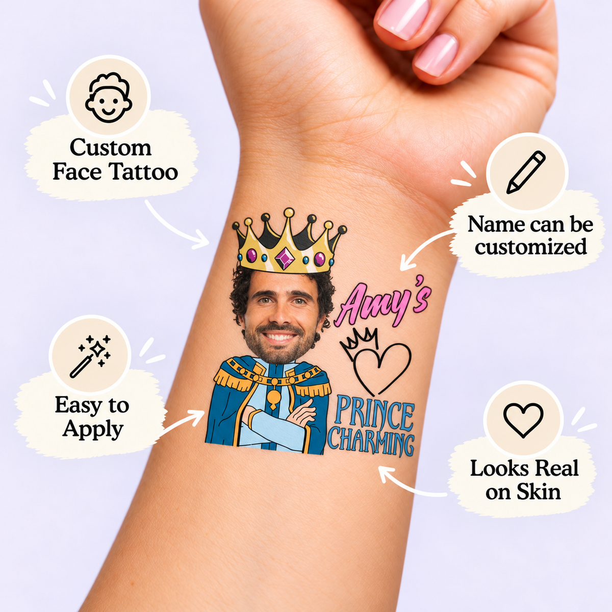 Prince Charming temporary tattoo personalization guide: custom face tattoo; name can be customized. Easy to apply.