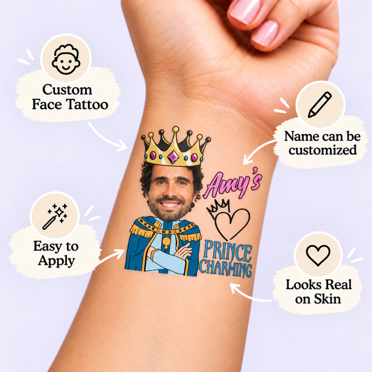 Prince Charming temporary tattoo personalization guide: custom face tattoo; name can be customized. Easy to apply.
