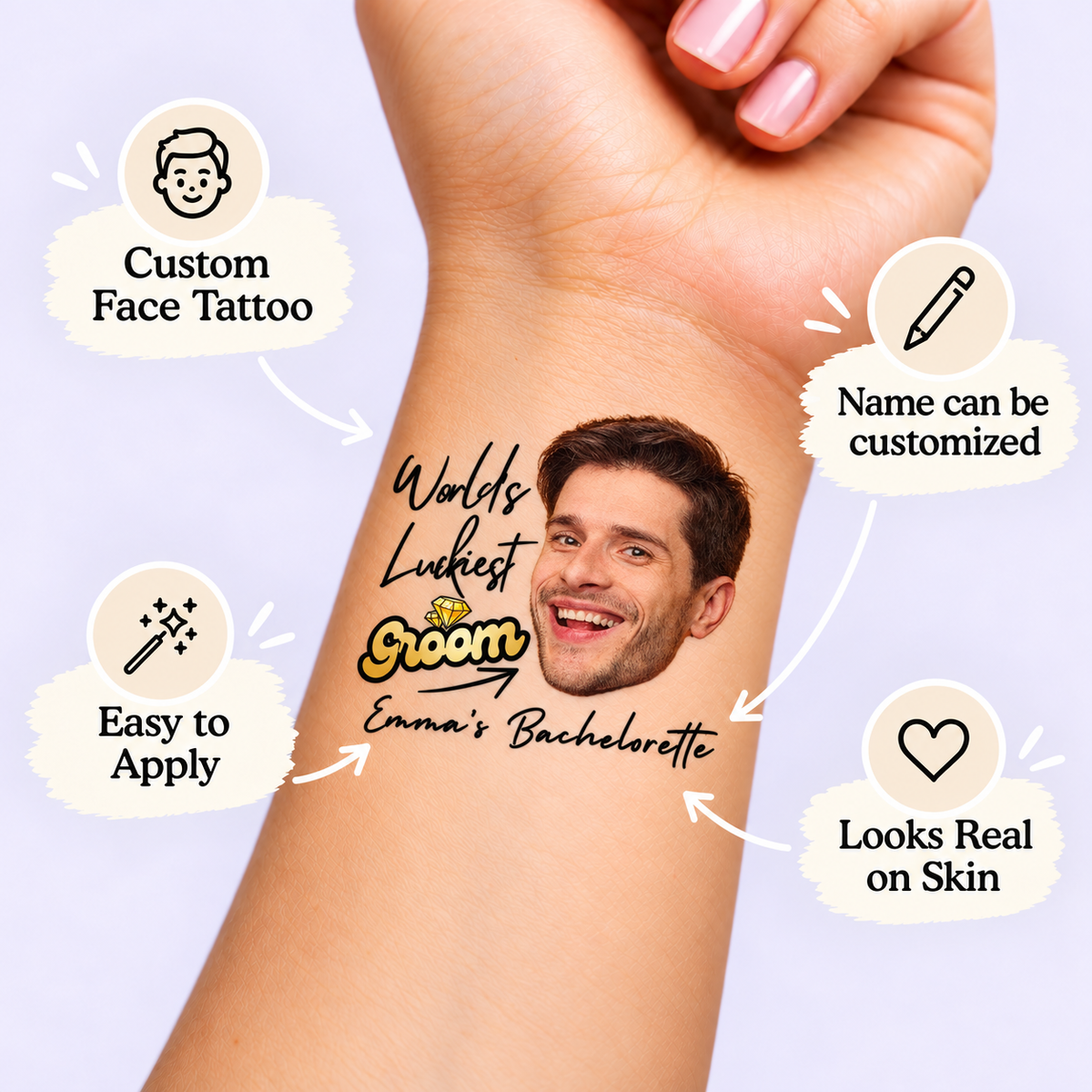 World's Luckiest Groom temporary tattoo personalization guide: custom face tattoo; name can be customized. Easy to apply.